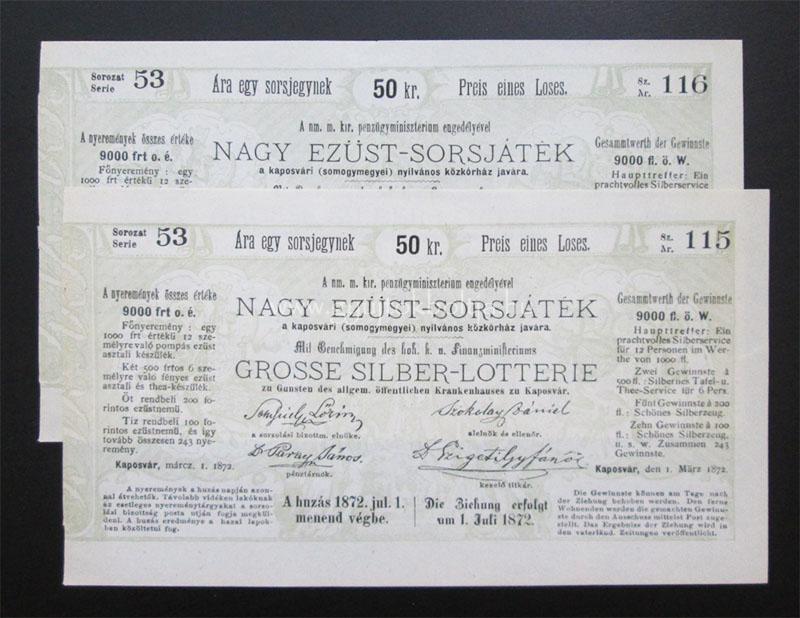 Nagy Ezst-Sorsjtk sorsjegy a kaposvri kzkrhz javra 1872